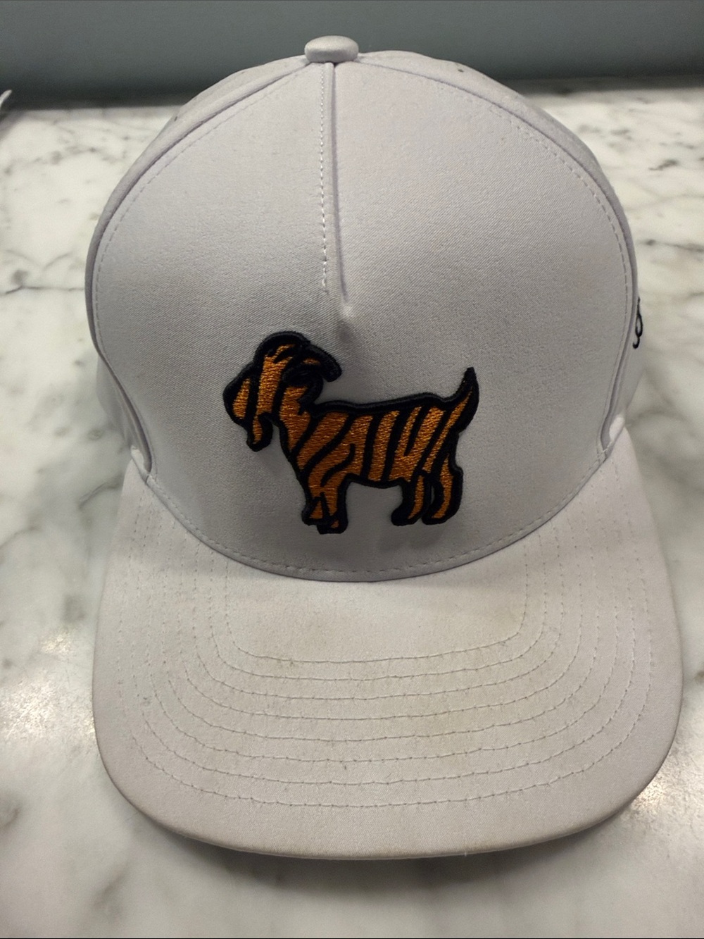 White Cap with Orange Tiger-Striped Dog Patch